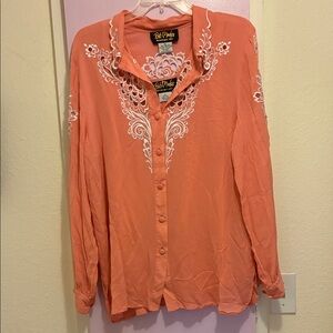 Bob Mackie 100% silk Peach color Shirt with White Embroidery. Matching silk Tank